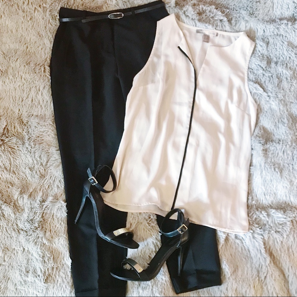 Cream Tank Top Blouse with Black Piping